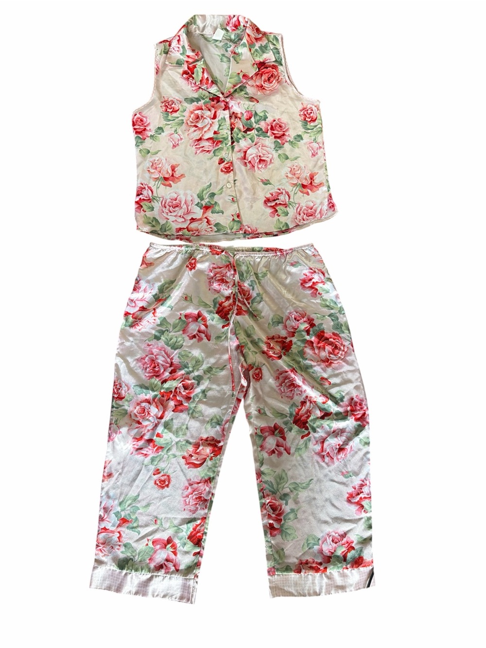 Vintage Satin Floral Pajama Set - Sleeveless Button Top & Capri Pants Womens XL